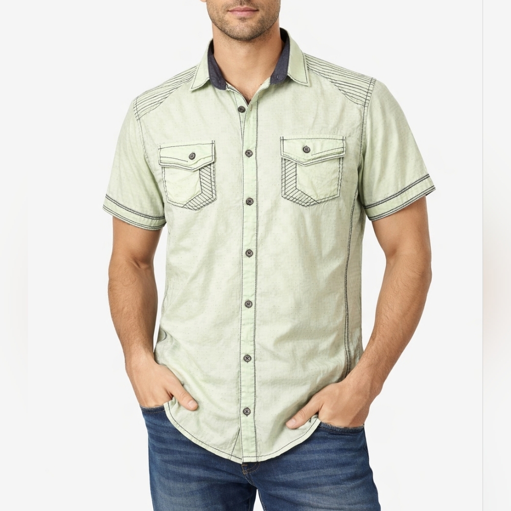 Buckle Black Light Green Button Front Shirt Embroidered Detail Relaxed Fit Large